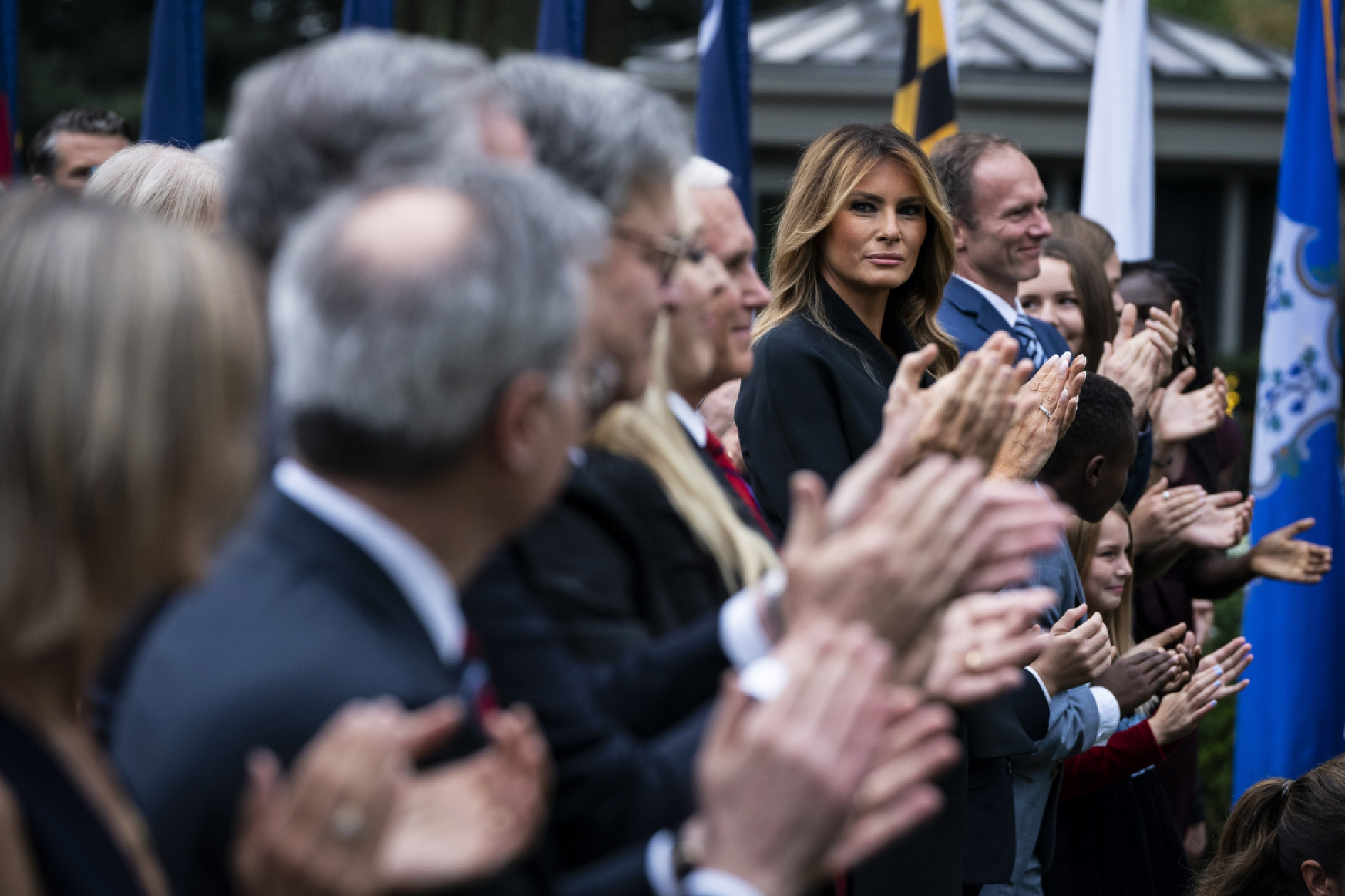 First lady Melania Trump claps as President Donald Trump speaks with Judge Amy Coney Barrett during a ceremony in the Rose Garden on Sept 26. MUST CREDIT: Washington Post photo by Jabin Botsford