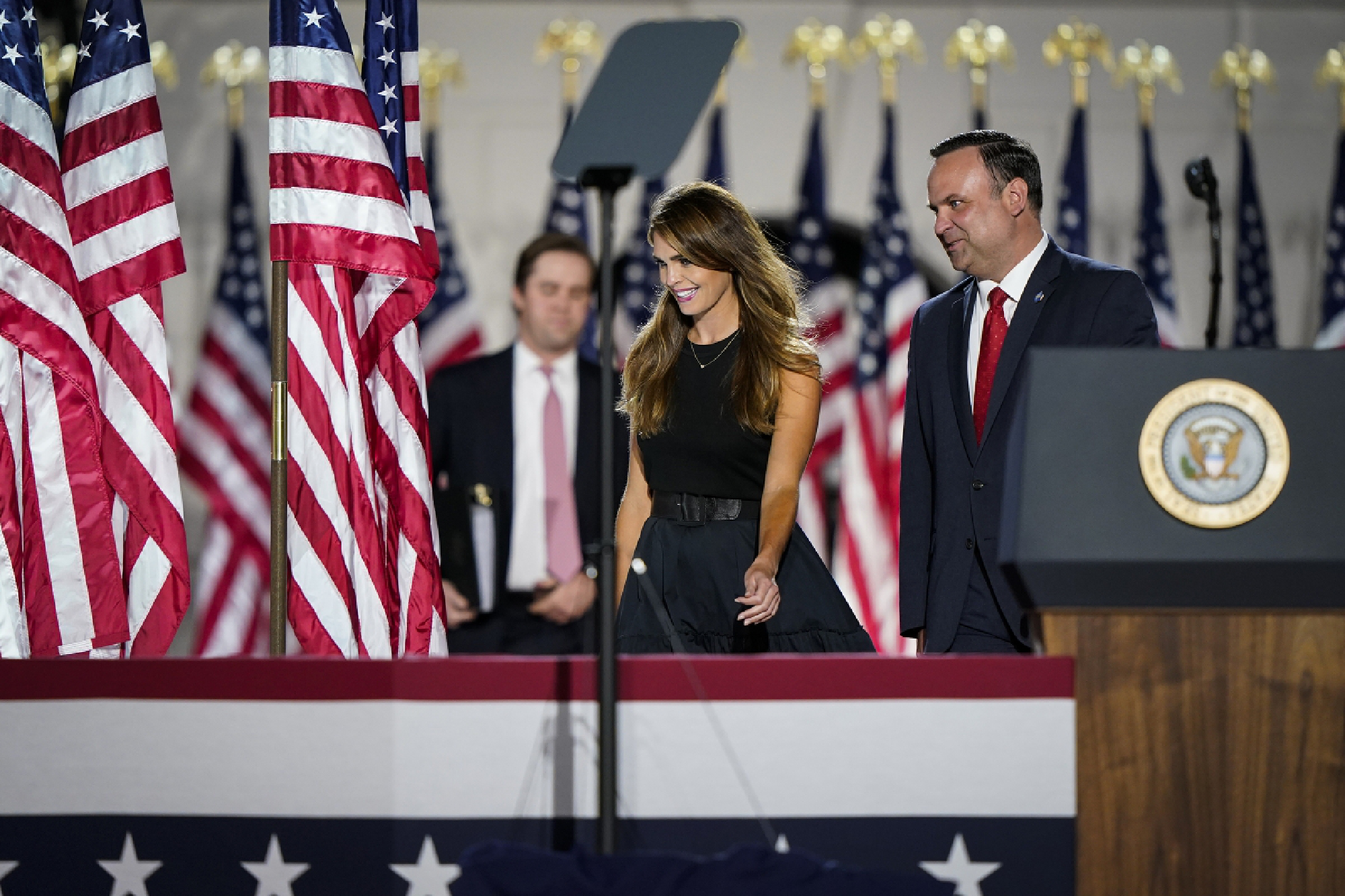 Hope Hicks with her White House colleague Dan Scavino at the Republican National Convention in August. MUST CREDIT: Washington Post photo by Jabin Botsford