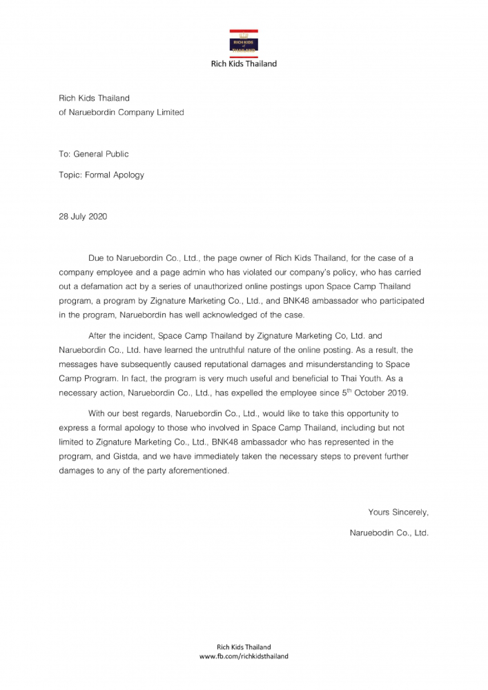 Rich Kids Thailand issues apology letter