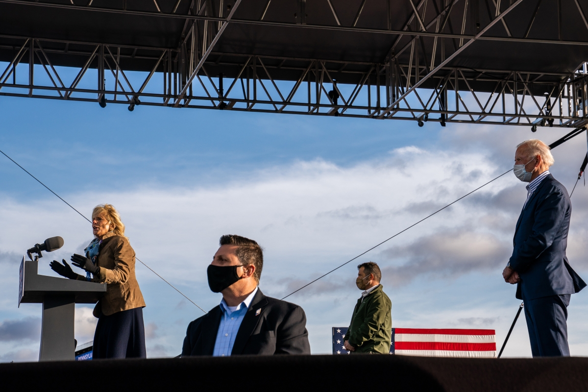 Jill Biden delivers remarks during a drive-in event for her husband, presidential nominee Joe Biden, at Dallas High School in Dallas, Pa. Jon Bon Jovi took part in the event. MUST CREDIT: Washington Post photo by Demetrius Freeman
