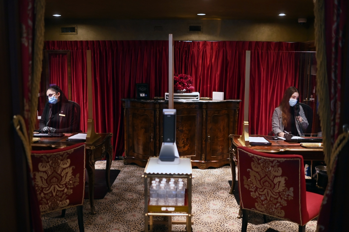 Montserrat Murillo, left, and Eugenia Gonzalez in the reception area at the St. Regis in Washington D.C.. MUST CREDIT: Washington Post photo by Matt McClain.