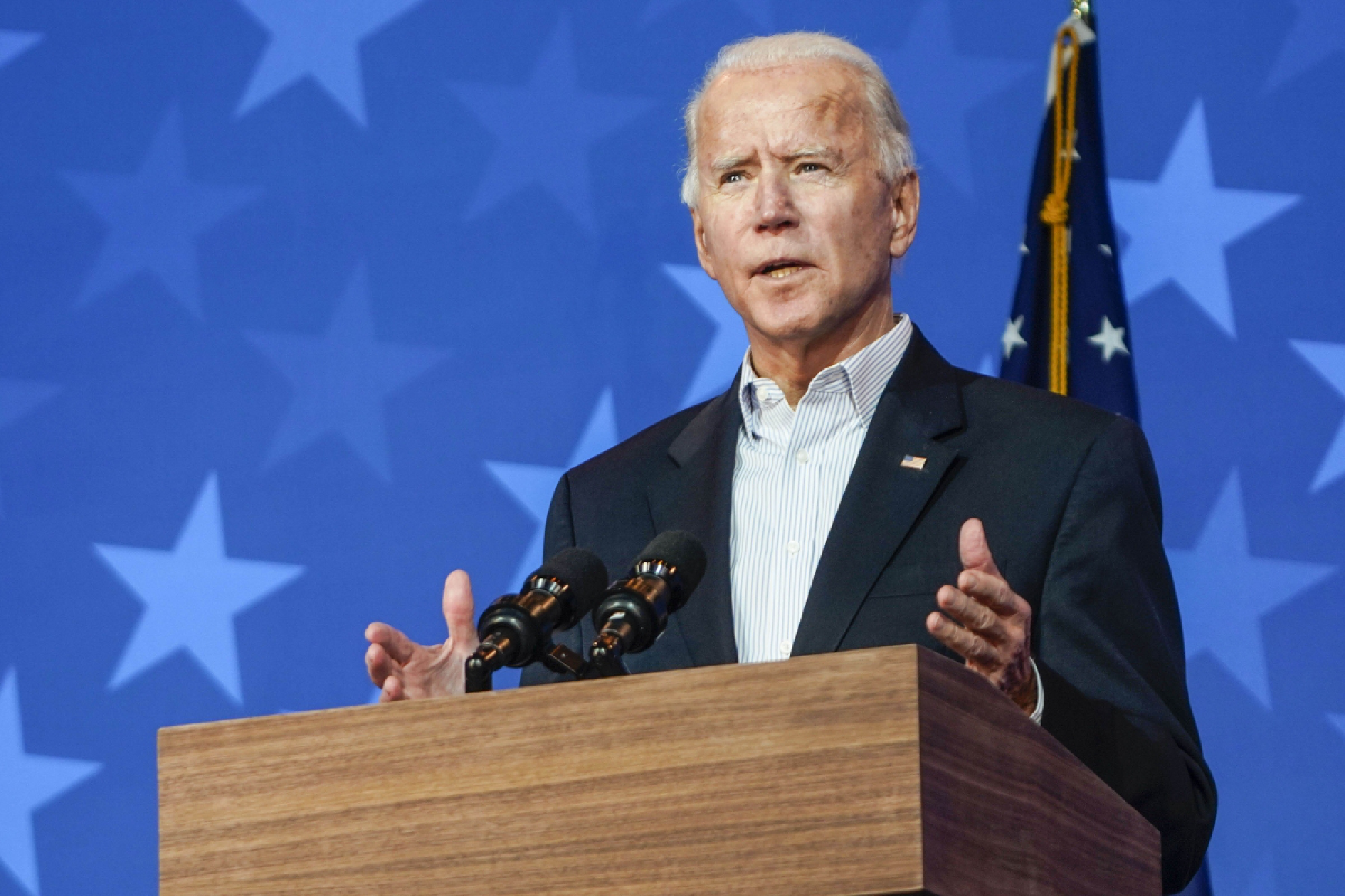 Former vice president Joe Biden, the Democratic presidential nominee, addresses reporters on Nov. 5 in Wilmington, Del. MUST CREDIT: WashingtonPost photo by Demetrius Freeman