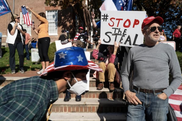 President Trump supporters gathered outside the Maryland State House in Annapolis, Md., to support the president's baseless claims of electoral fraud in the wake of Joe Biden's victory on Saturday. MUST CREDIT: Washington Post photo by Michael Robinson Chavez.