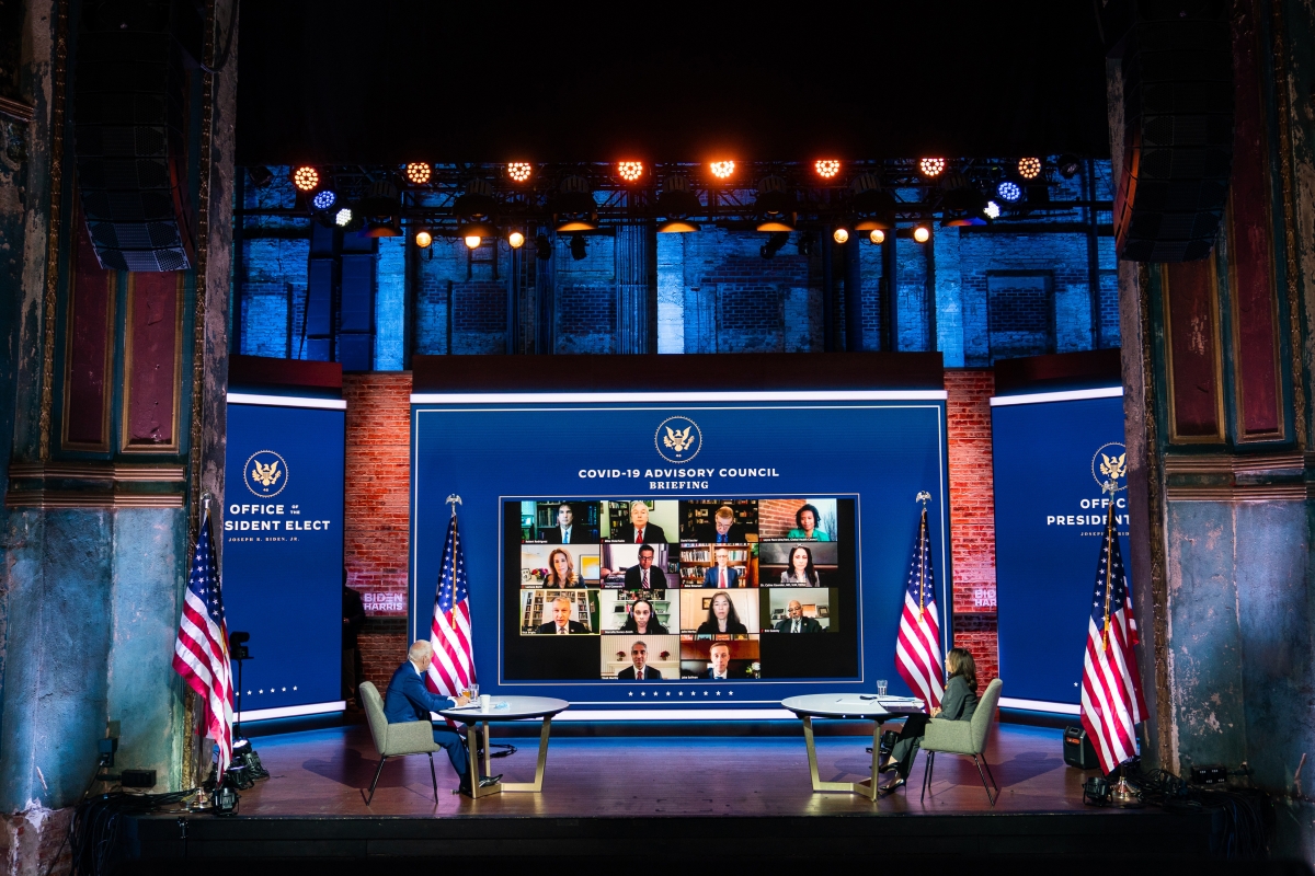 Biden and Harris take part in a virtual coronavirus briefing at the Queen in Wilmington. MUST CREDIT: Washington Post photo by Demetrius Freeman.