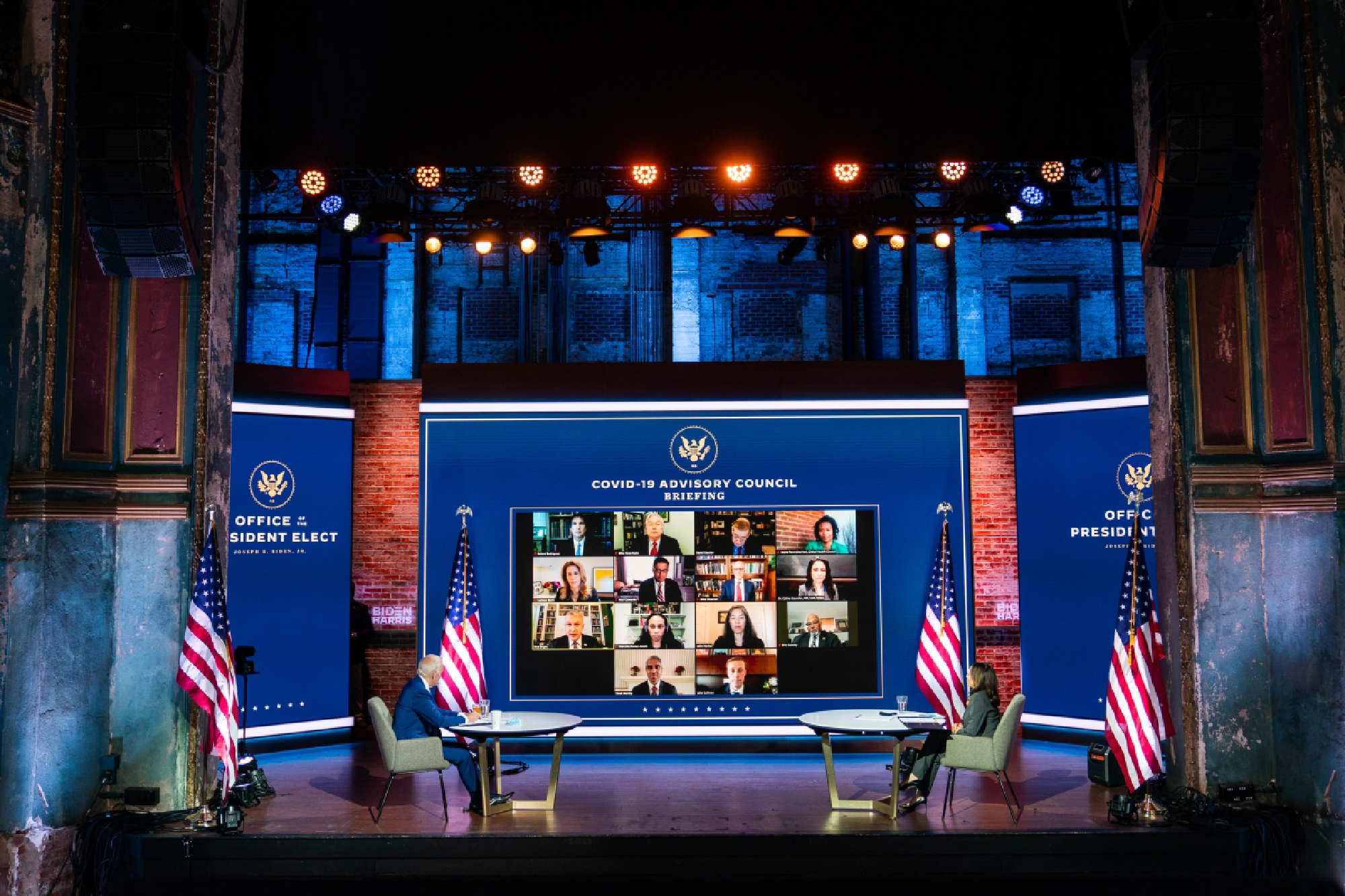 Biden and Harris take part in a virtual coronavirus briefing at the Queen in Wilmington. MUST CREDIT: Washington Post photo by Demetrius Freeman.