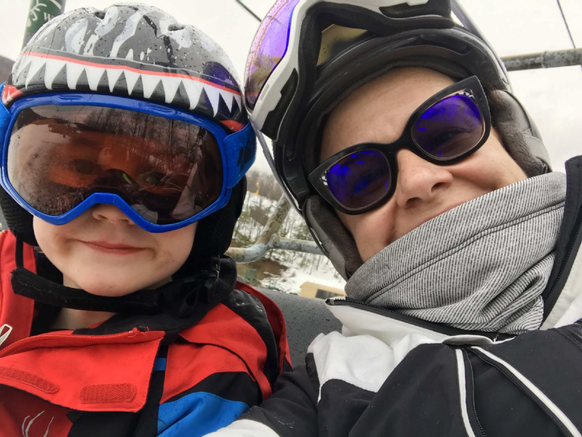 Dina Cappiello Tilghman and her son Luke Tilghman, 7, ride the chairlift last season. He was in the Whitetail Resort's kid ski program; she was in the Women of Whitetail cohort. MUST CREDIT: Dina Tilghman.