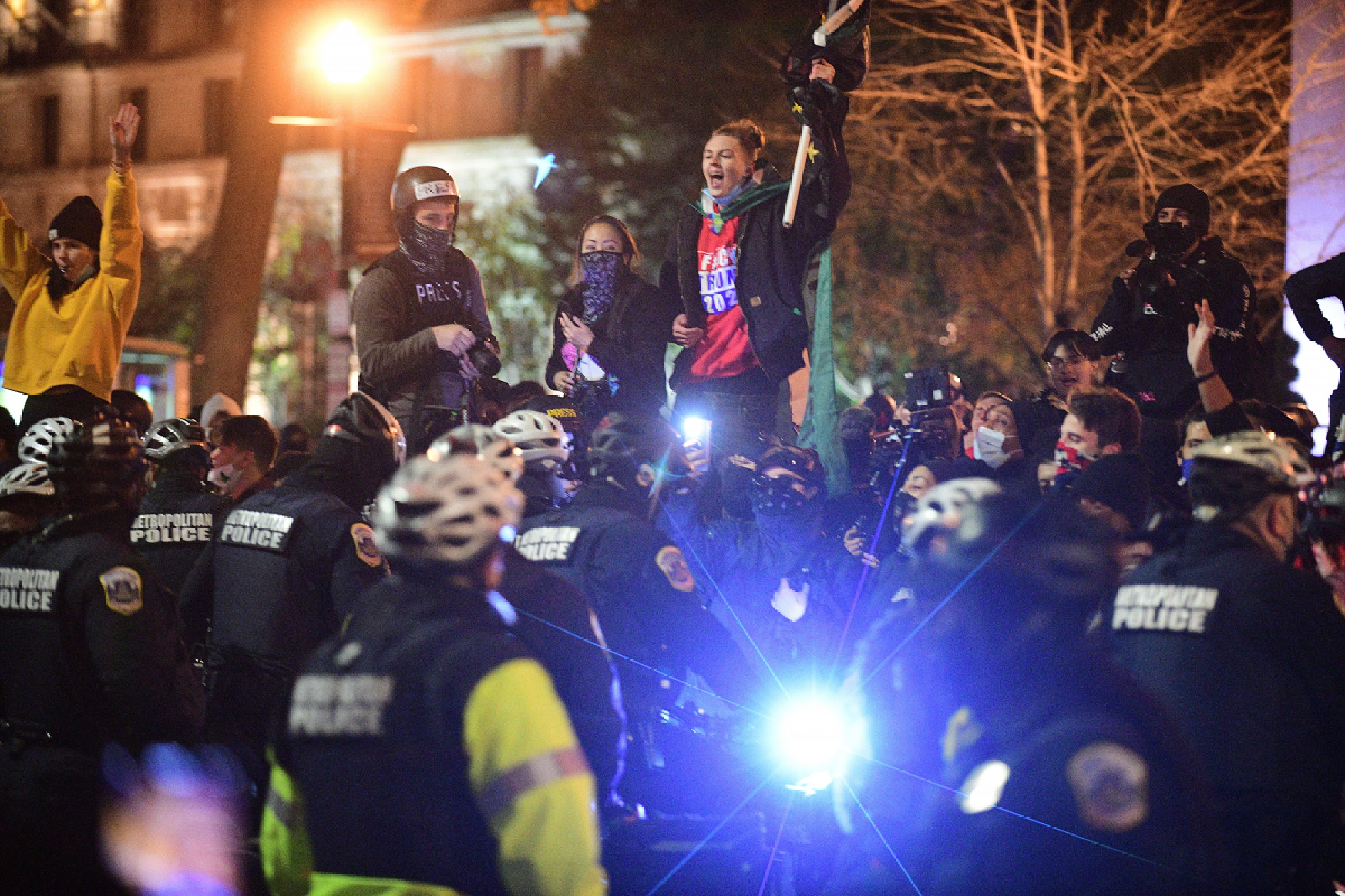 Demonstrators confront D.C. police at Black Lives Matter Plaza in Washington, D.C., on Nov. 14, 2020. MUST CREDIT: Photo for The Washington Post by Astrid Riecken