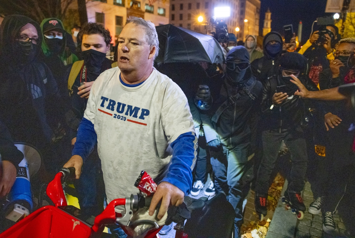 Protesters force a Trump supporter out of Black Lives Matter Plaza in Washington, D.C., on Nov. 14, 2020. MUST CREDIT: Photo for The Washington Post by Evelyn Hockstein