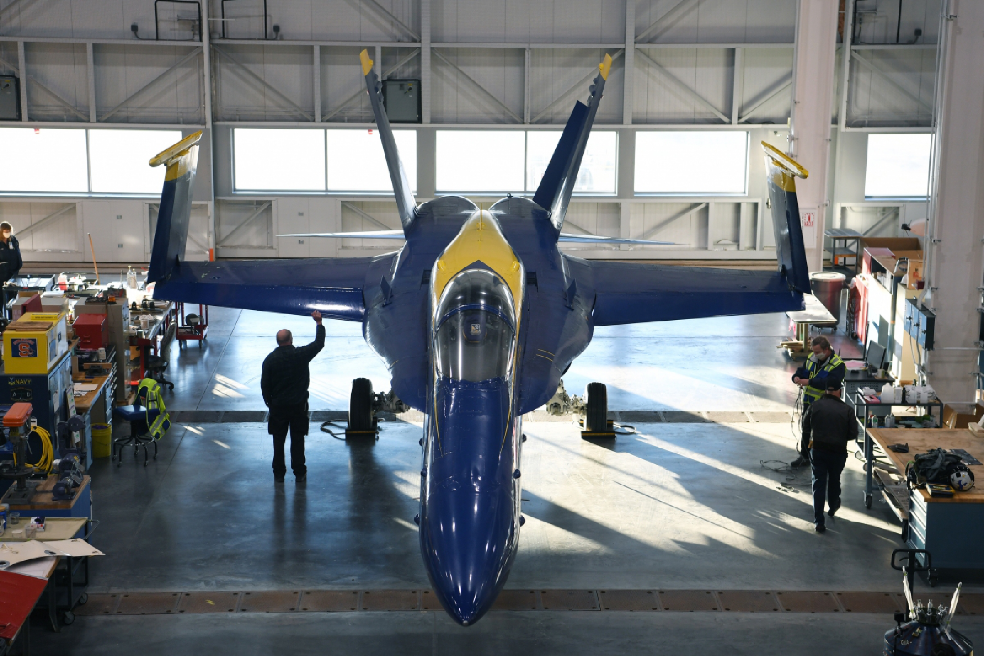 Commander Frank "Walleye" Weisser stands near a F/A-18 Hornet jet at the National Air and Space Museum's Steven F. Udvar-Hazy Center on Wednesday, Nov. 18, 2020, in Chantilly, Va. Washington Post photo by Matt McClain.