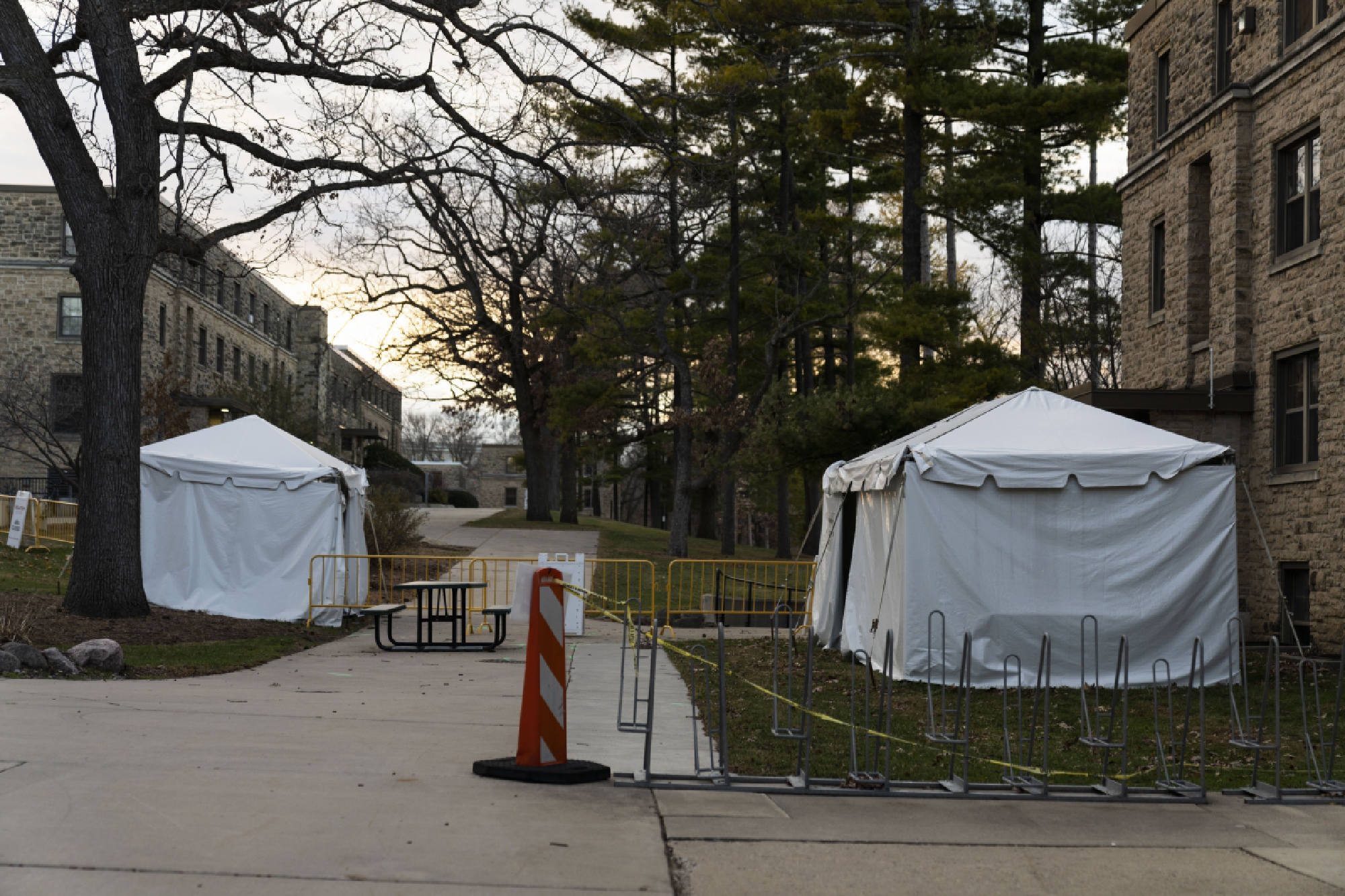 The tents are for items to be delivered to students who are being quarantined. MUST CREDIT: Photo for The Washington Post by Lauren Justice
