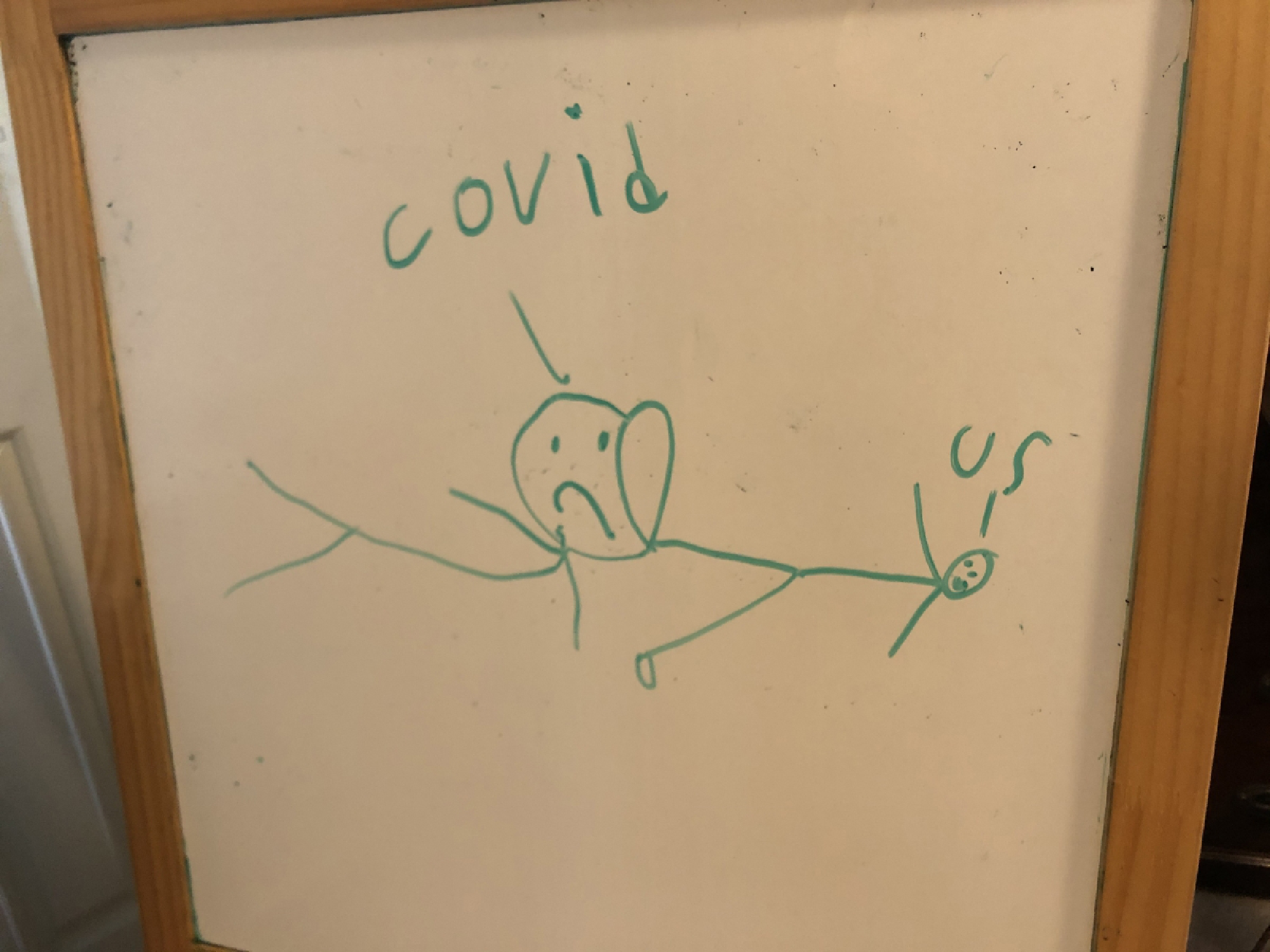 Hannah Hopkins, 9, who attends fourth-grade in Lexington, Ky., drew this picture to capture how she thinks the coronavirus has affected life in the United States. MUST CREDIT: Courtesy of Hannah Hopkins