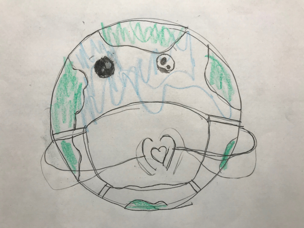 Toby Weissbratten, who attends second-grade in Ashburn, Va., drew this picture of a globe wearing a mask to show how the novel coronavirus pandemic has reshaped the world. MUST CREDIT: Courtesy of Toby Weissbratten