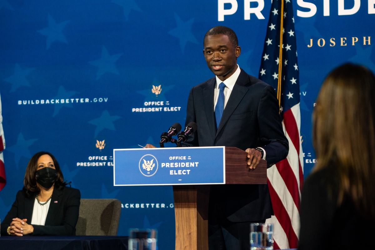 Wally Adeyemo, President-elect Joe Biden's pick for deputy treasury secretary, speaks at the introduction of Biden's economic team Tuesday in Wilmington, Del. Adeyemo would be the first Black person to serve in that role. Biden's team noted that he has so far named fewer than a quarter of the federal positions he plans to highlight. MUST CREDIT: Washington Post photo by Demetrius Freeman