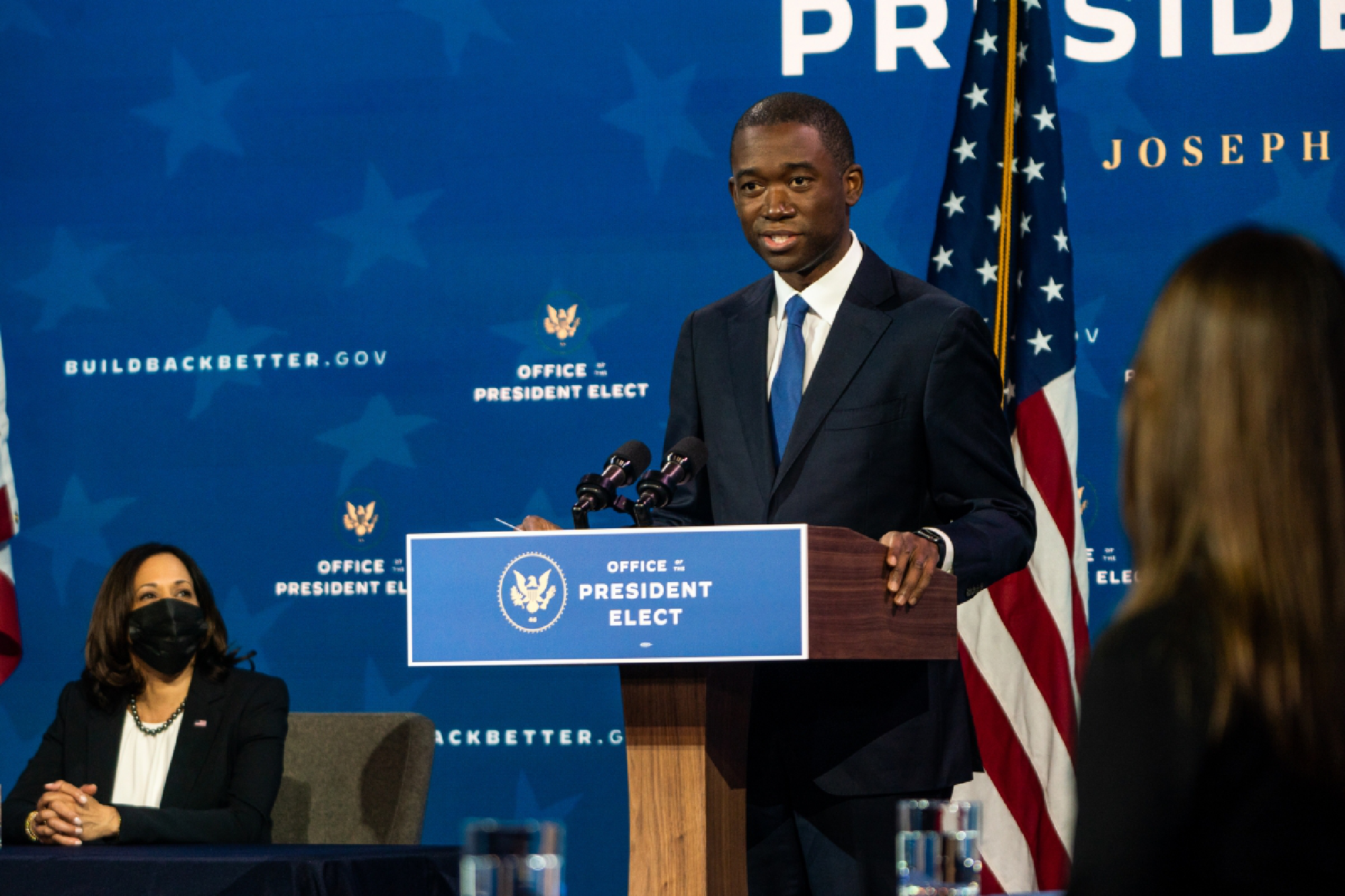 Wally Adeyemo, President-elect Joe Biden's pick for deputy treasury secretary, speaks at the introduction of Biden's economic team Tuesday in Wilmington, Del. Adeyemo would be the first Black person to serve in that role. Biden's team noted that he has so far named fewer than a quarter of the federal positions he plans to highlight. MUST CREDIT: Washington Post photo by Demetrius Freeman