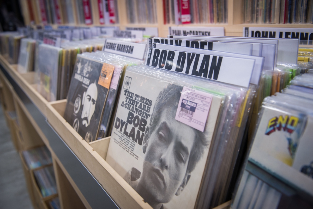 Vinyl records, including Bob Dylan's "The Times They Are A-Changin'," are displayed for sale at the HMV Record Shop in Tokyo on Sept. 28, 2016. MUST CREDIT: Bloomberg photo by Noriko Hayashi