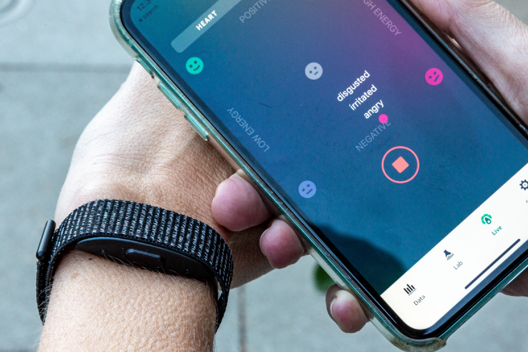 The Halo uses Amazon AI to analyze the tone of your voice, which it categorizes here with terms such as "disgusted," "irritated," and "angry." MUST CREDIT: Washington Post photo by Geoffrey A. Fowler.