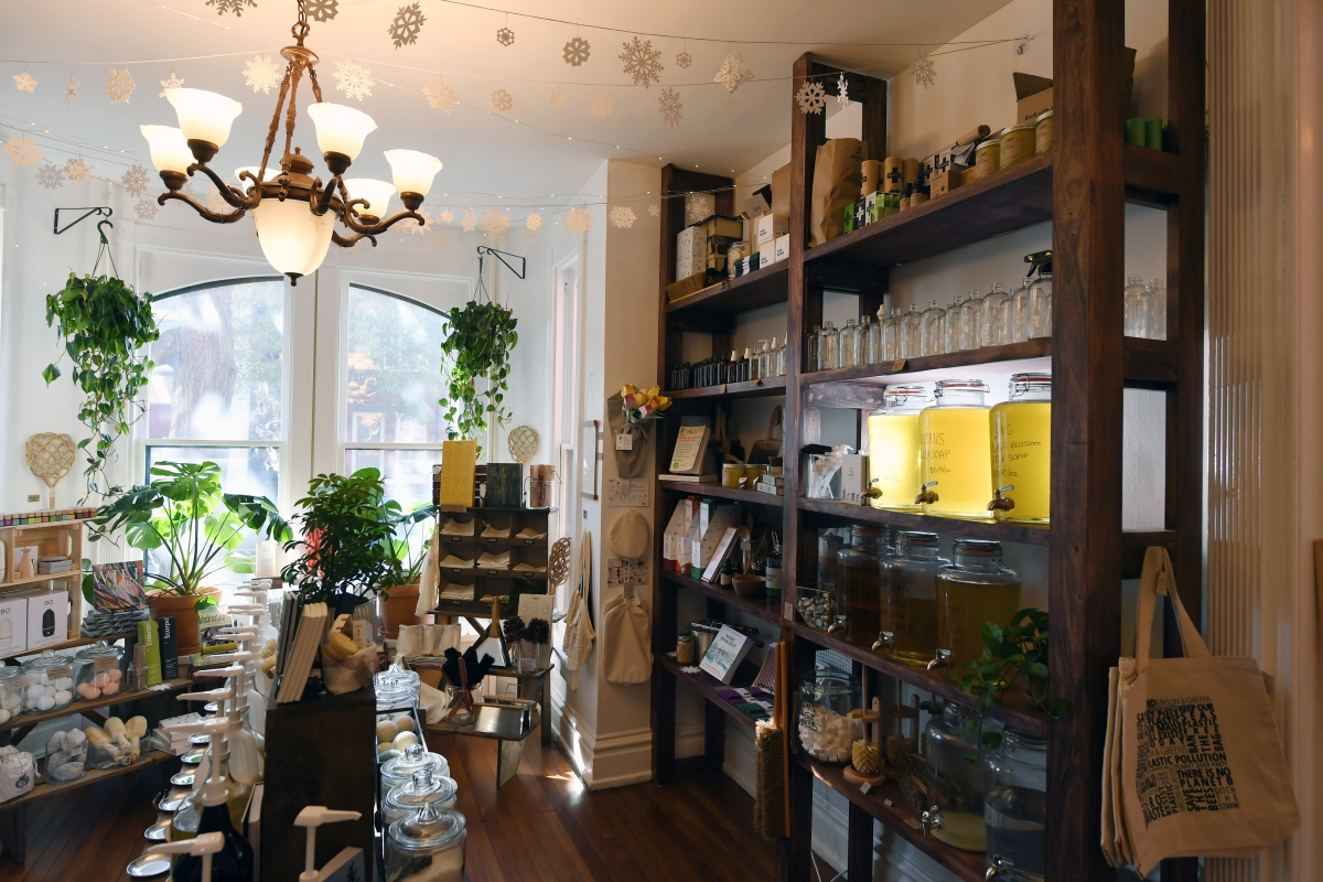 Bulk containers of dish soap and other items are displayed at Mason & Greens. MUST CREDIT: Washington Post photo by Matt McClain