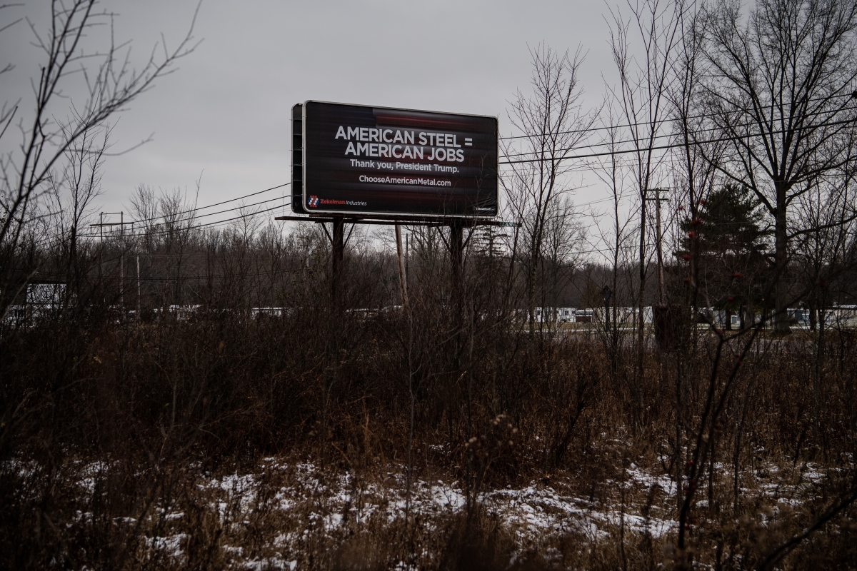 A billboard reads: "American steel = American Jobs. Thank you, President Trump" in Warren, Ohio in November. MUST CREDIT: Washington Post photo by Salwan Georges