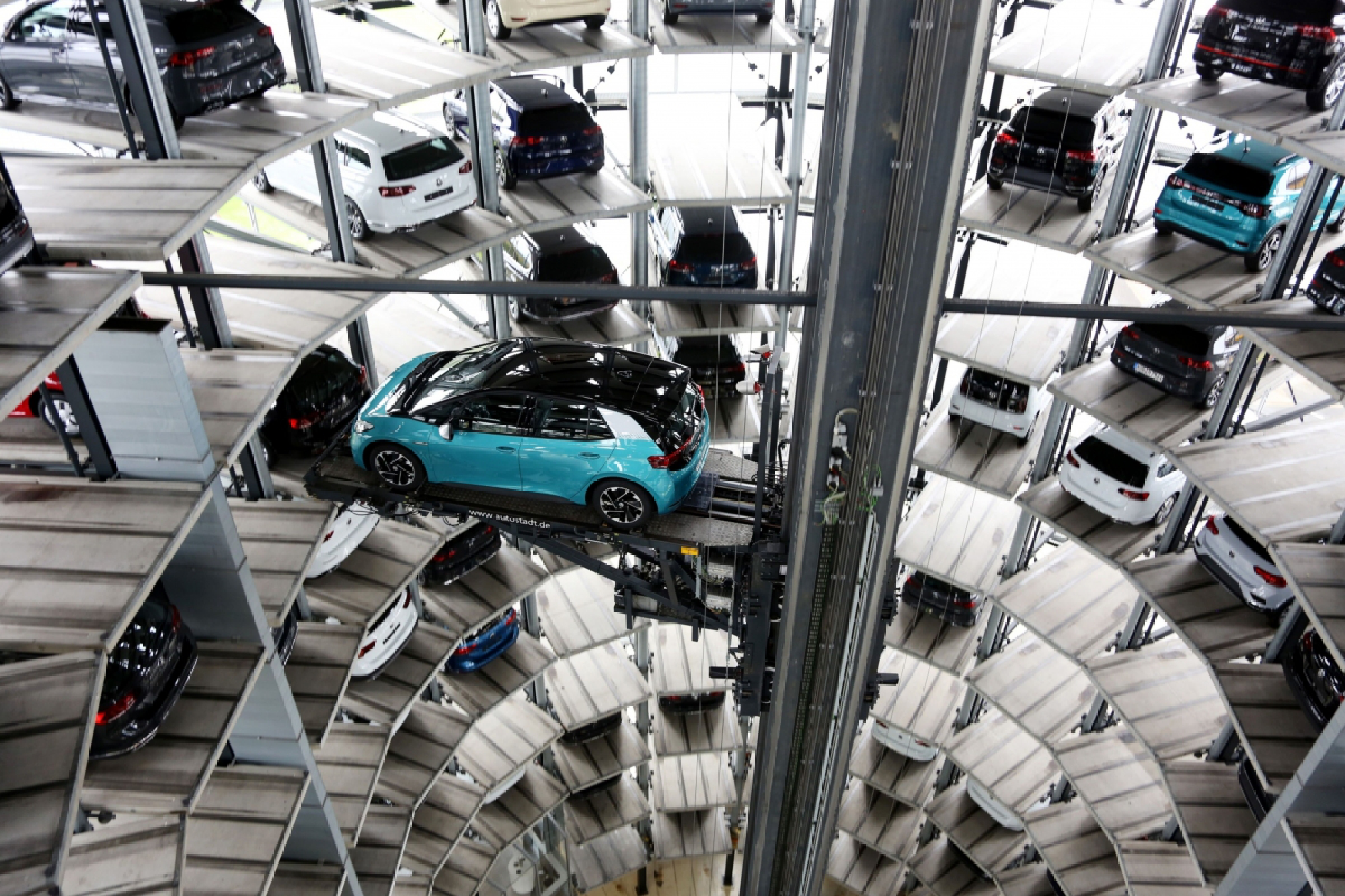 A new Volkswagen AG (VW) ID.3 electric automobile inside one of the automaker's Autostadt delivery towers at the VW headquarters in Wolfsburg, Germany, on Oct. 26, 2020. MUST CREDIT: Bloomberg photo by Liesa Johannssen-Koppitz.