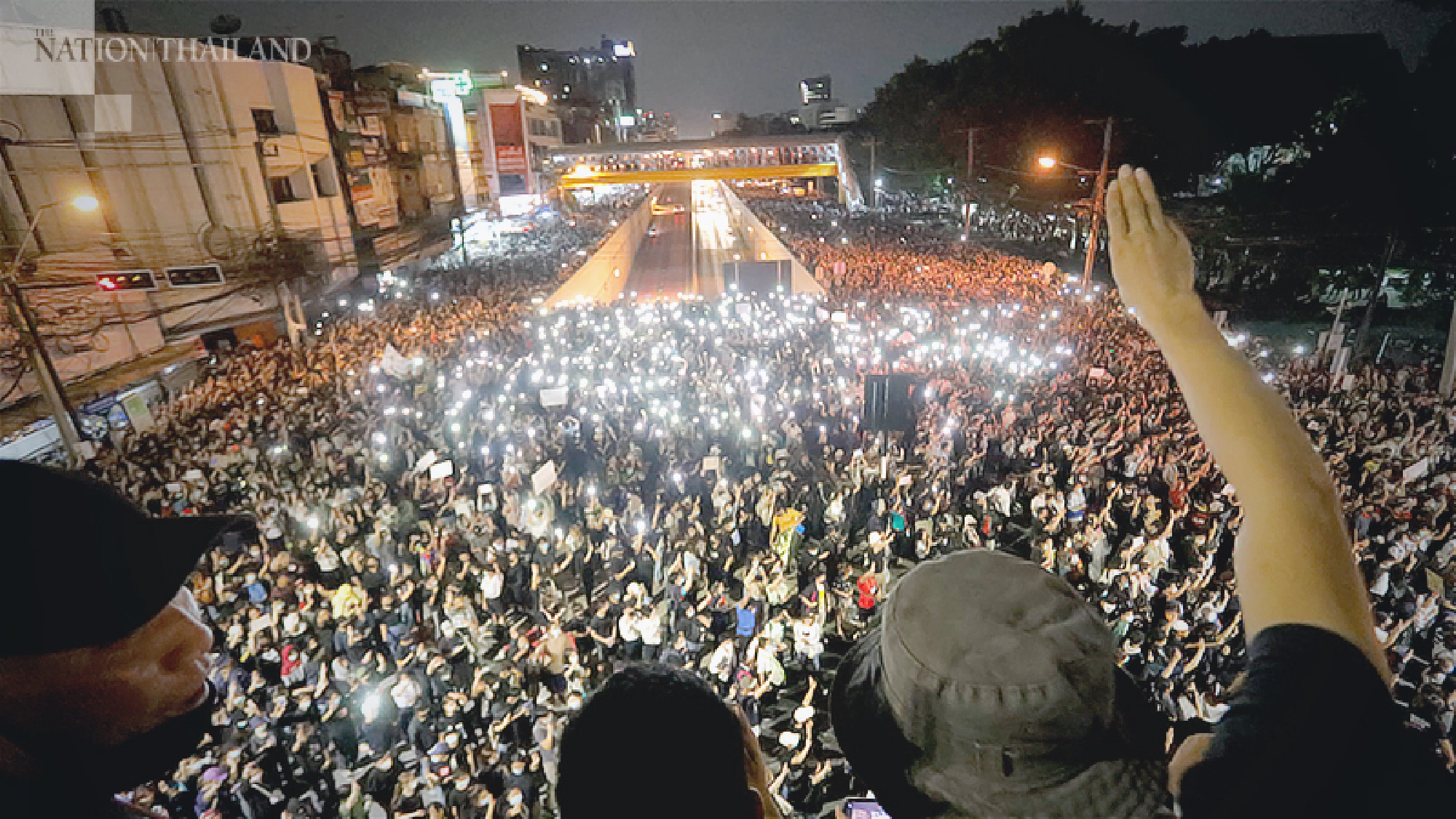  Pro-democracy demonstrators throng Kasetsart Intersection in Bangkok on October 19.