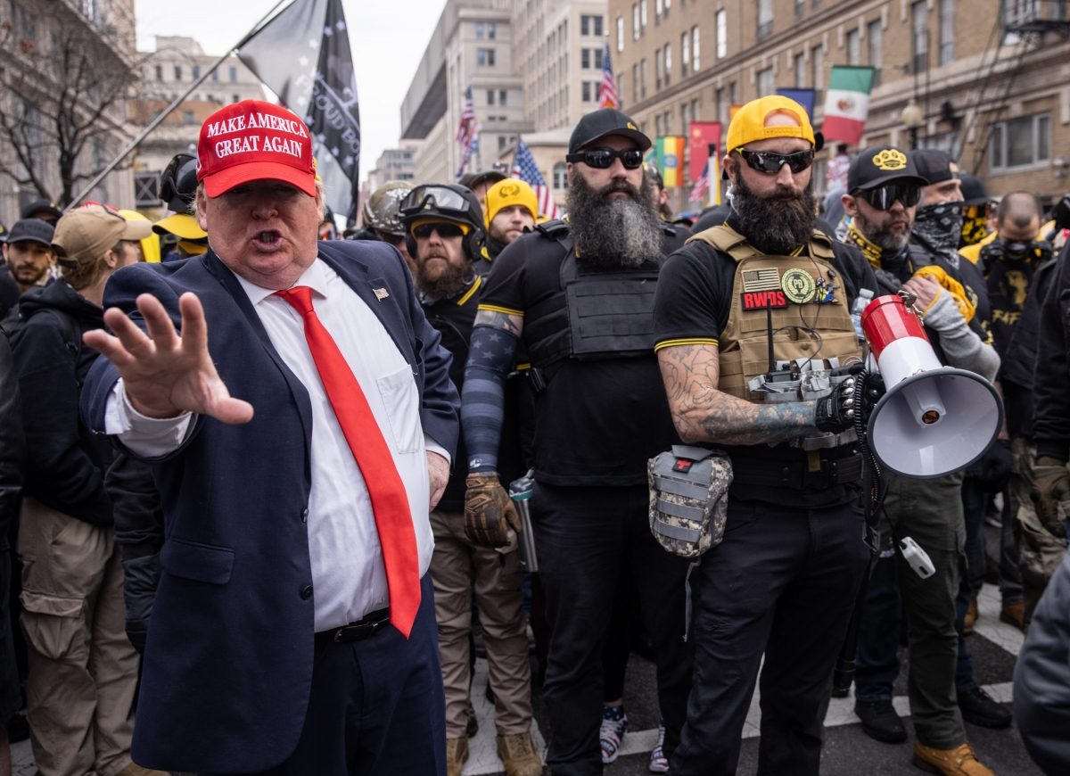 Proud Boys during a Dec. 12 rally in downtown Washington that questioned President Trump's election defeat. MUST CREDIT: Photo by Evelyn Hockstein for The Washington Post.