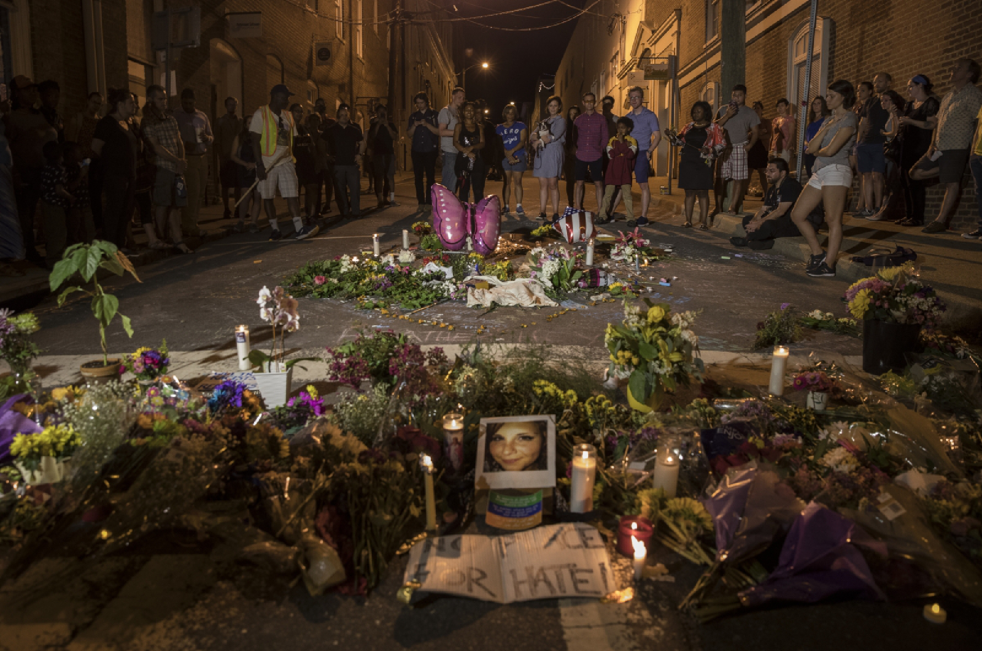 A 2017 memorial at the site in Charlottesville, Va., where Heather Heyer was killed in a car attack. MUST CREDIT: Photo for The Washington Post by Evelyn Hockstein
