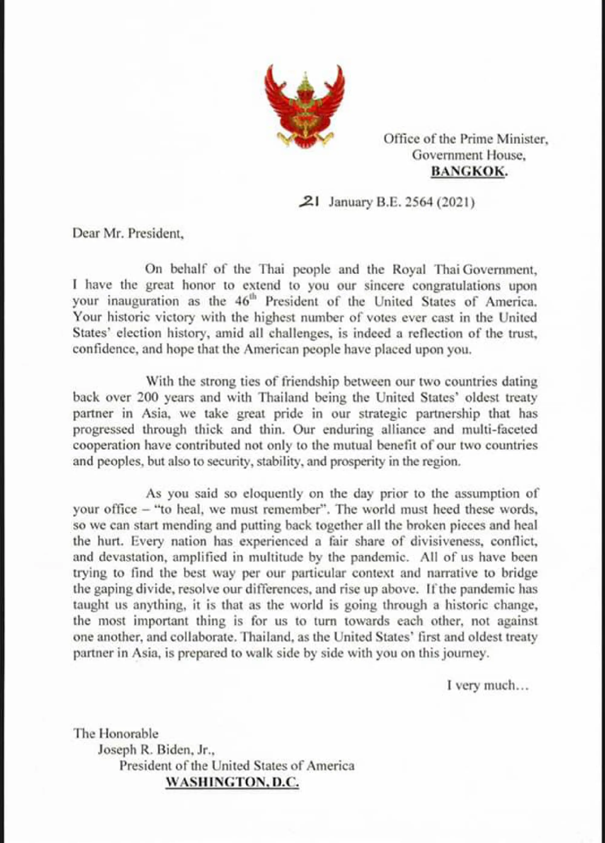 Prayut congratulates Biden on inauguration, calls for global unity