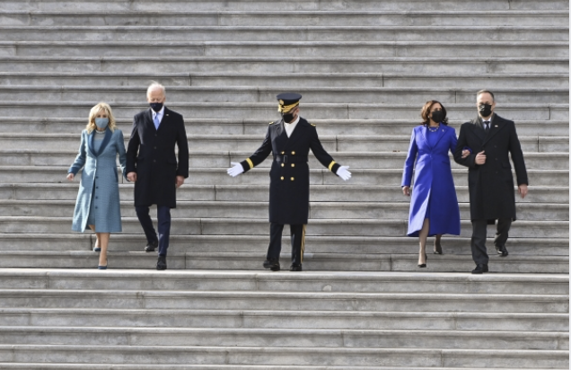 President Joe Biden, first lady Jill Biden, Vice President Kamala Harris and second gentleman Doug Emhoff depart after the inauguration ceremony. MUST CREDIT: Washington Post photo by Ricky Carioti