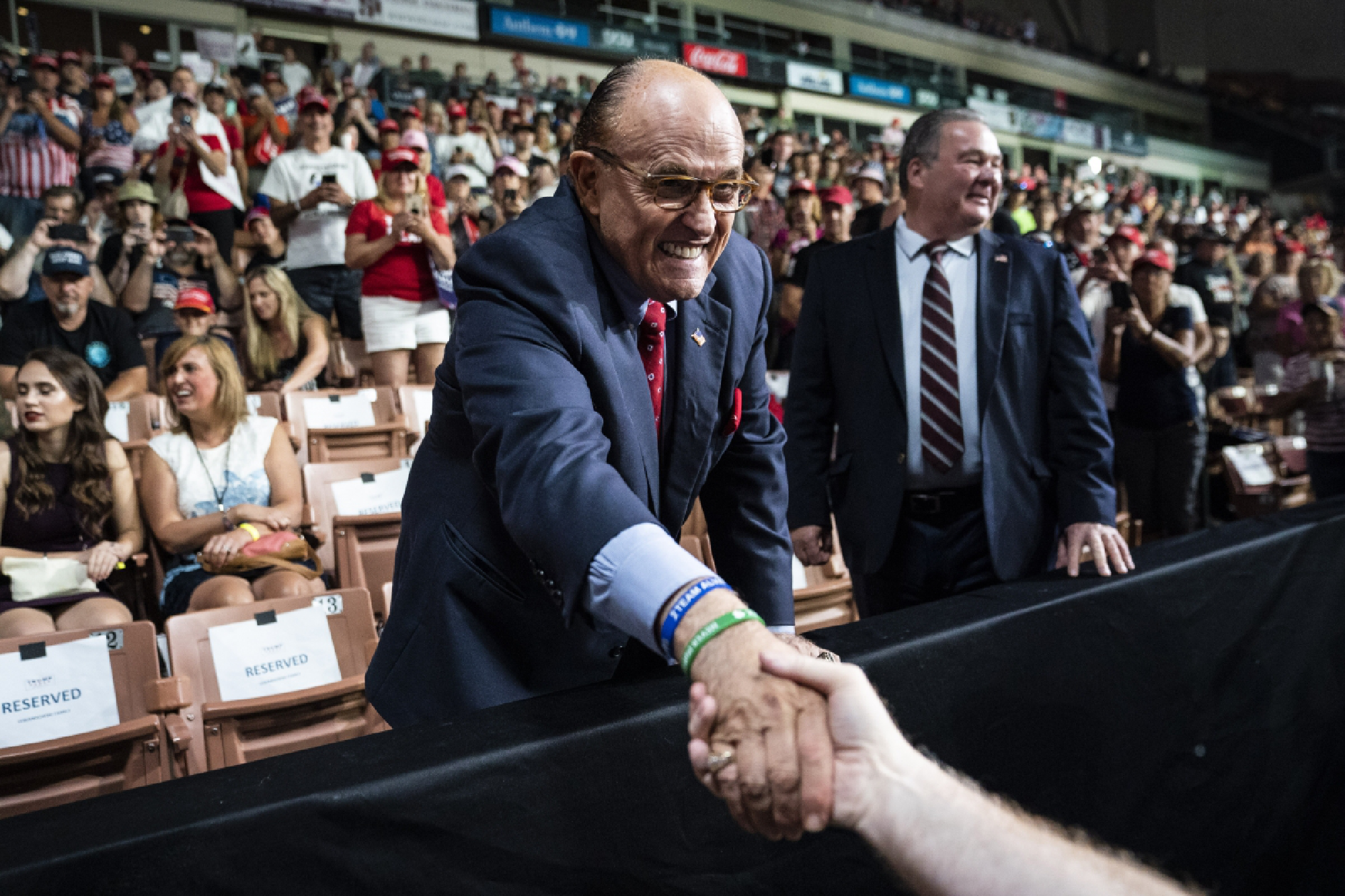 Rudy Giuliani greets supporters before then-President Donald Trump's arrival at a rally at Southern New Hampshire University Arena on Aug 15, 2019 in Manchester, N.H. MUST CREDIT: Washington Post photo by Jabin Botsford.