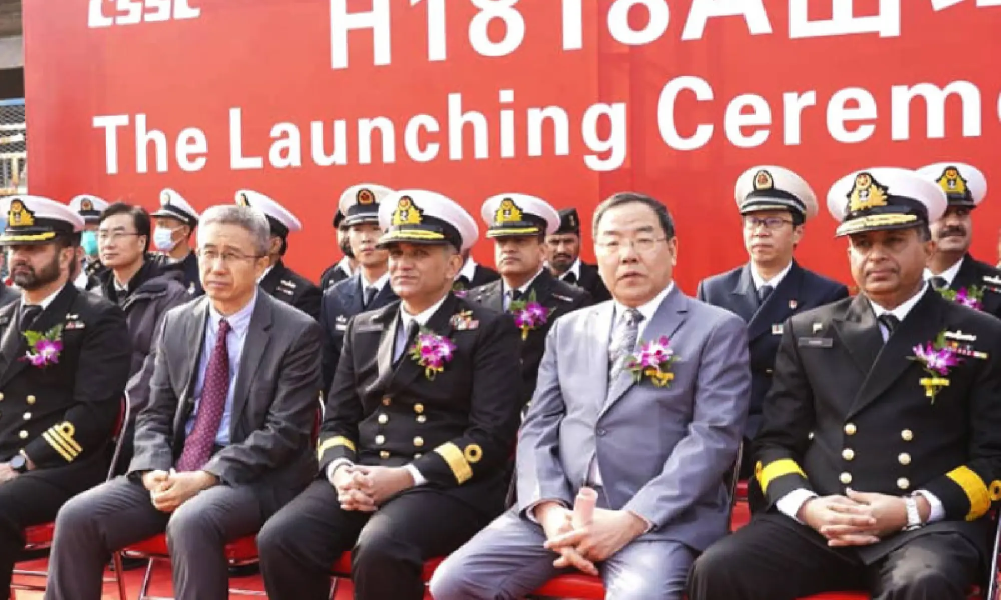 Chief Naval Overseer (China) Commodore Azfar Humayun attends the launching ceremony of the warship at the Hudong Zhonghua Shipyard in China's Shanghai on Saturday. — Photo courtesy: Pakistan Navy