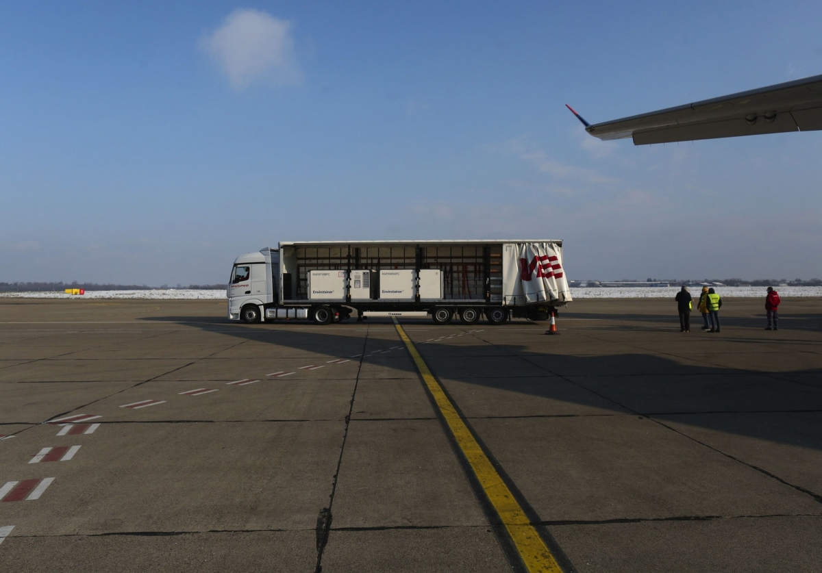 The Sinopharm is vaccine delivered at Nikola Tesla Airport in Belgrade, Serbia, on Jan. 16, 2021. MUST CREDIT: Bloomberg photo by Oliver Bunic