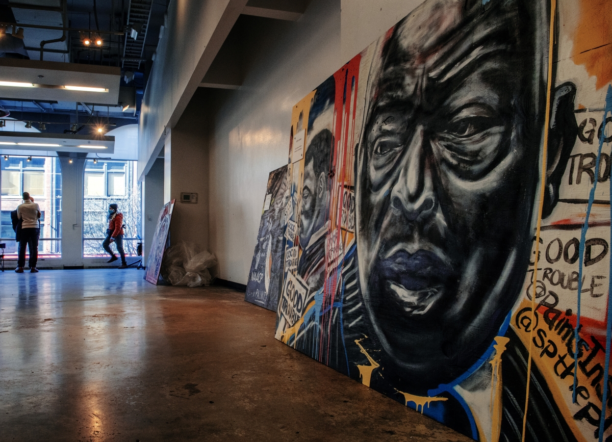 Art removed from BLM Plaza will find a new home in in the former Aveda studio in Washington, D.C. MUST CREDIT: Washington Post photo by Bill O'Leary