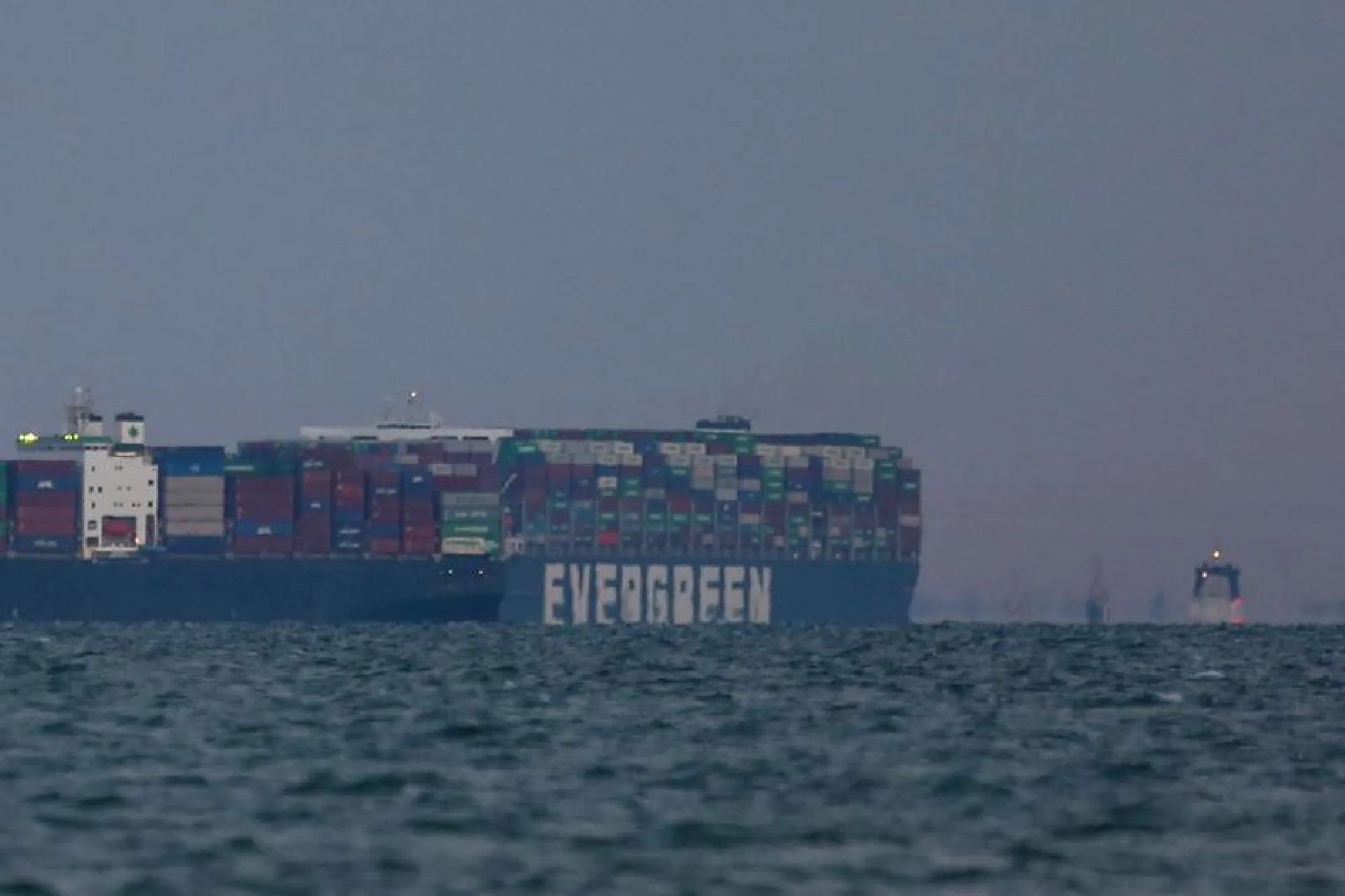The Ever Given container ship enters the Great Bitter Lake after being freed from the Suez Canal in Suez, Egypt, on March 29, 2021. MUST CREDIT: Bloomberg photo by Islam Safwat