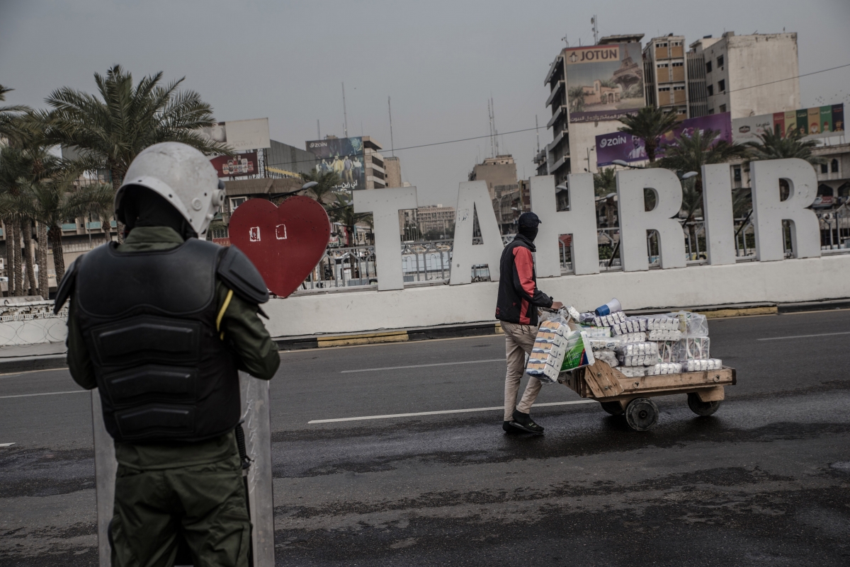 The "I Love Tahrir" sign in Baghdad's Tahrir square in January 2020. Photo for The Washington Post by Emilienne Malfatto