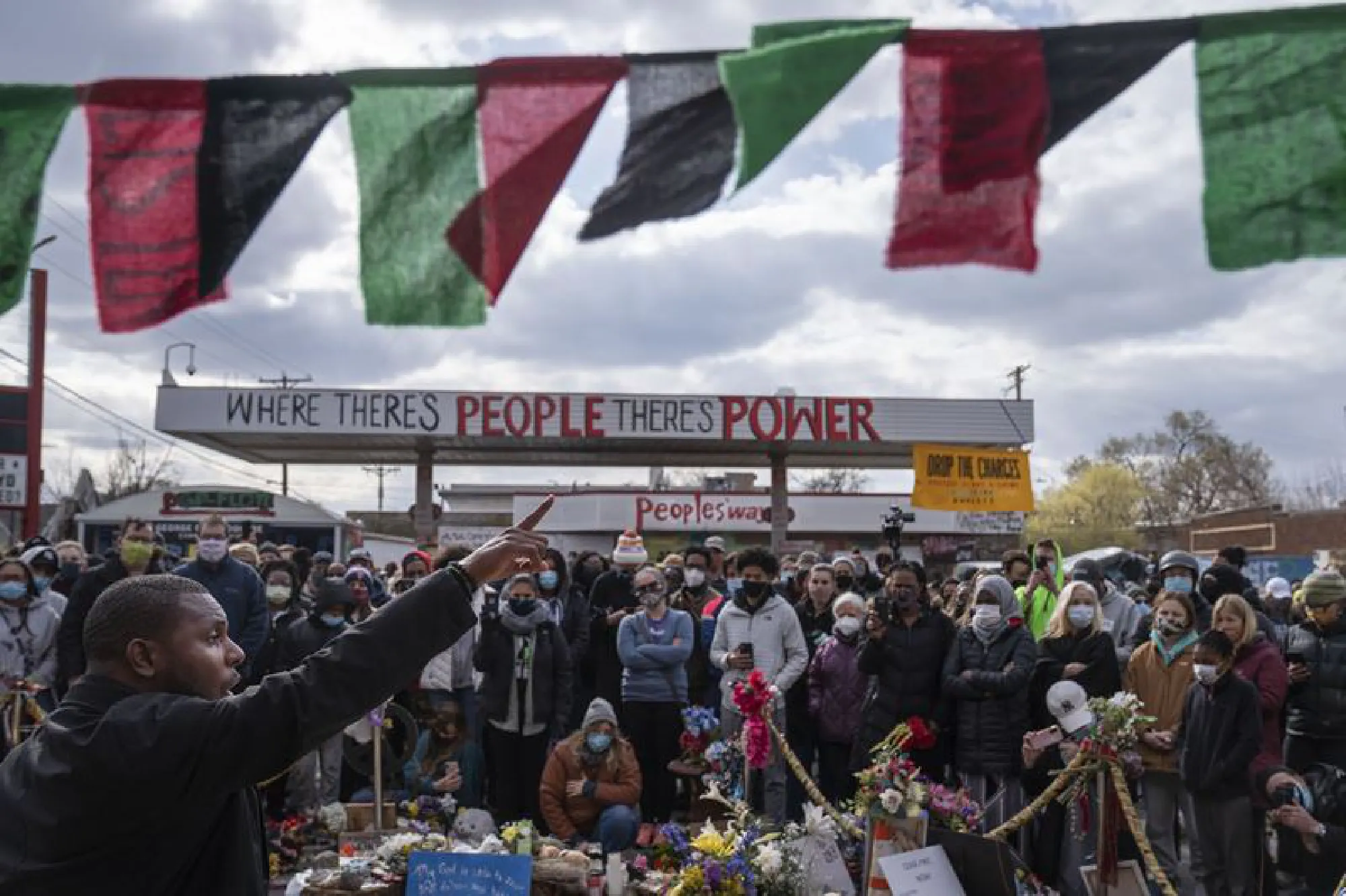 People gather at George Floyd Plaza after hearing that Derek Chauvin was convicted on all three counts on April 20, 2021 in Minneapolis. He was immediately taken into custody following the reading of the verdicts. MUST CREDIT: Washington Post photo by Michael Robinson Chavez