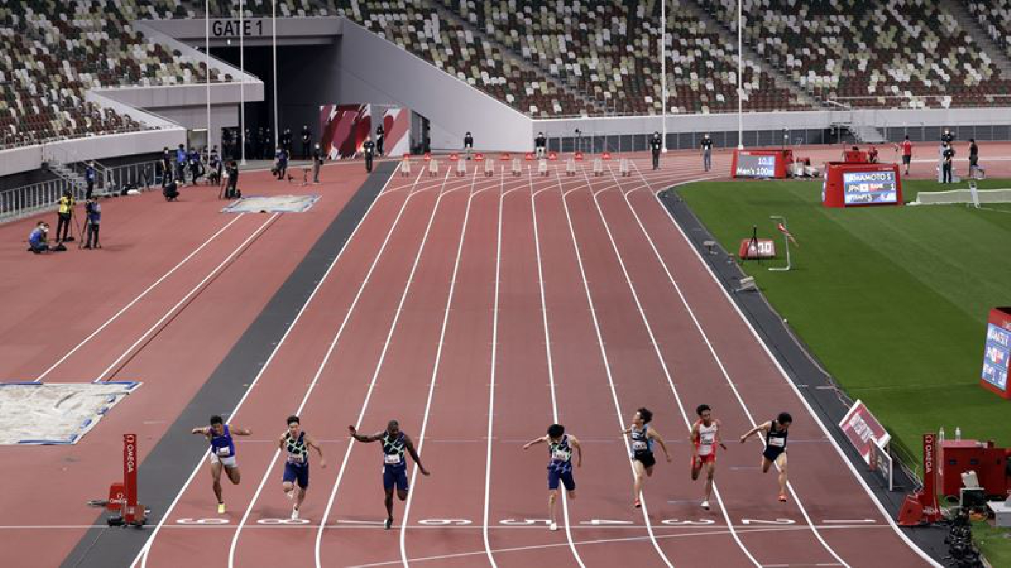 Athletes compete during an Olympics test event at the National Stadium in Tokyo on May 9. MUST CREDIT: Bloomberg photo by Kiyoshi Ota.