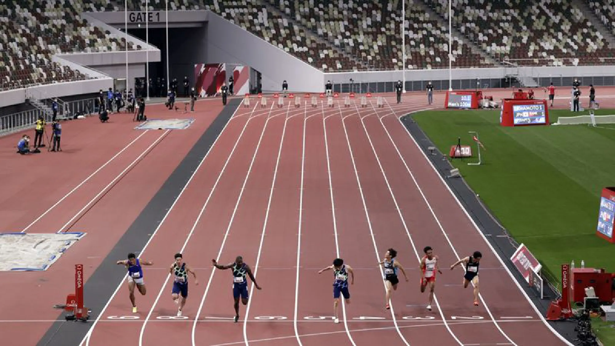 Athletes compete during an Olympics test event at the National Stadium in Tokyo on May 9. MUST CREDIT: Bloomberg photo by Kiyoshi Ota.