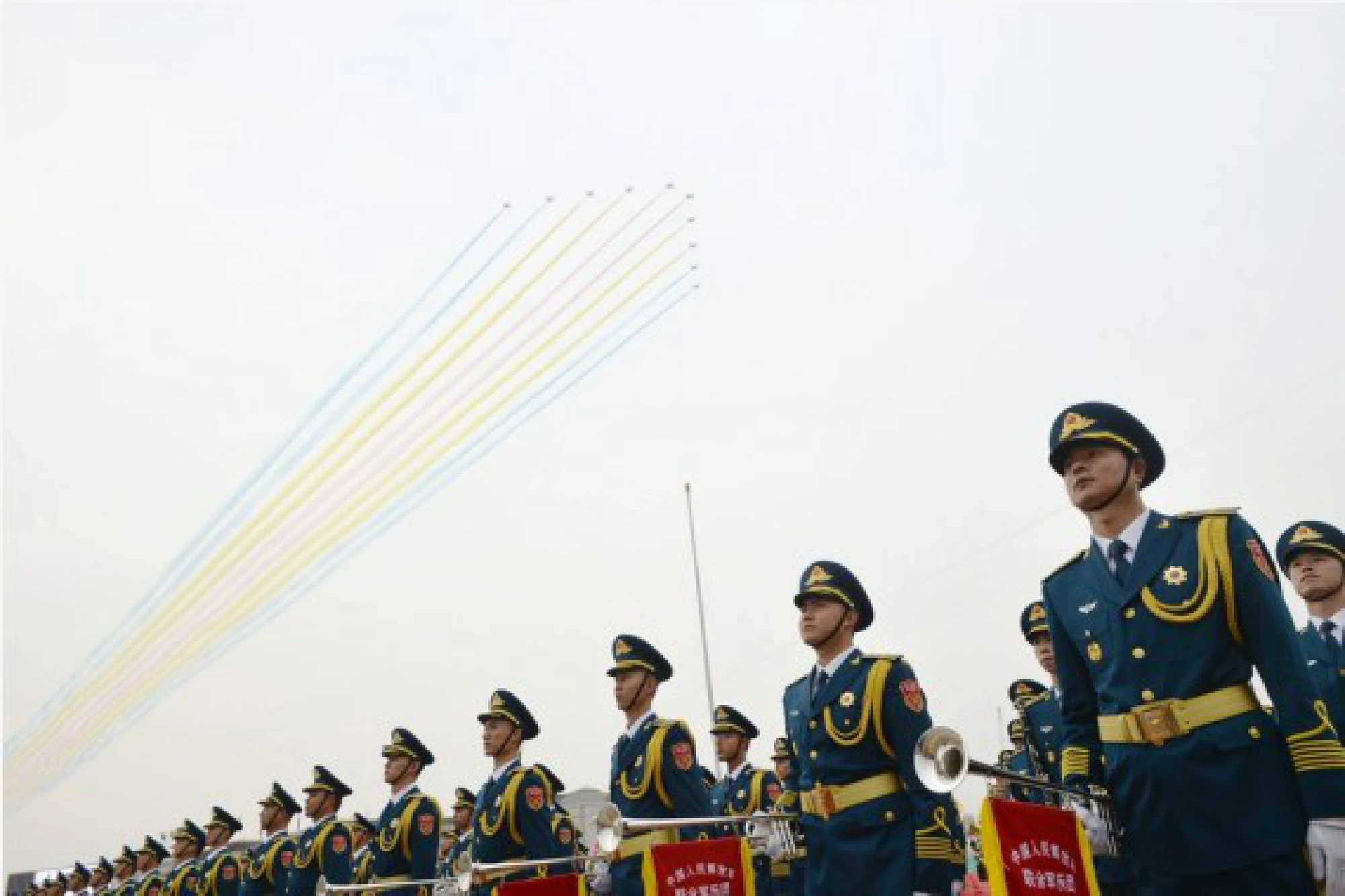 Military aircraft fly over Tian'anmen Square in echelon ahead of a grand gathering celebrating the Communist Party of China (CPC) centenary in Beijing, capital of China, July 1, 2021. 