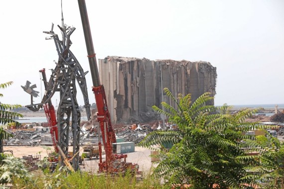 A statue named "The Giant" made from the remains of the Beirut port's wreckage is seen on the occasion of the first anniversary of the devastating blast at the Beirut port, Lebanon, on July 29, 2021. 