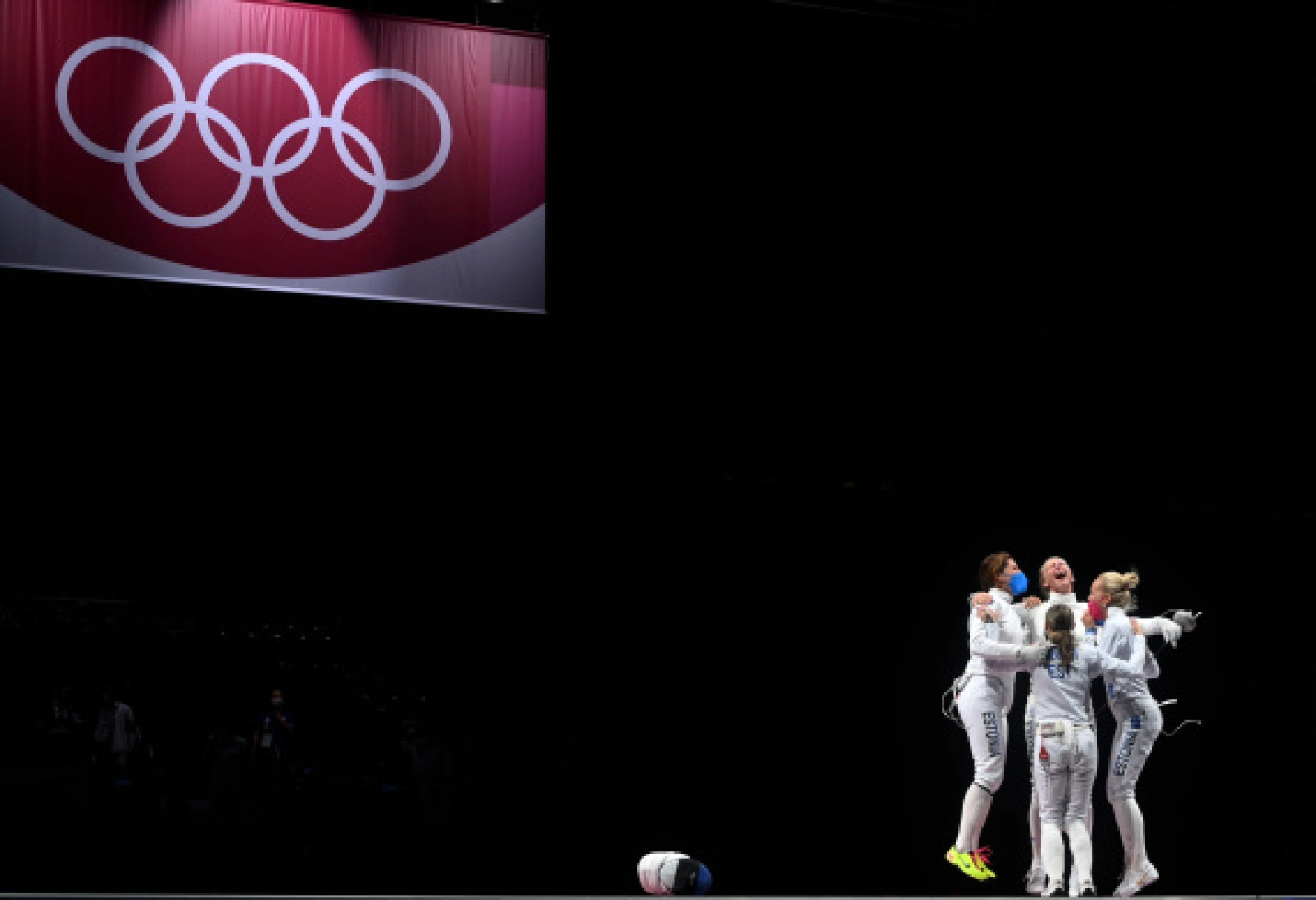 Members of Estonia celebrate after the fencing women's epee team final between Estonia and South Korea at the Tokyo 2020 Olympic Games in Tokyo, Japan, on July 27, 2021.