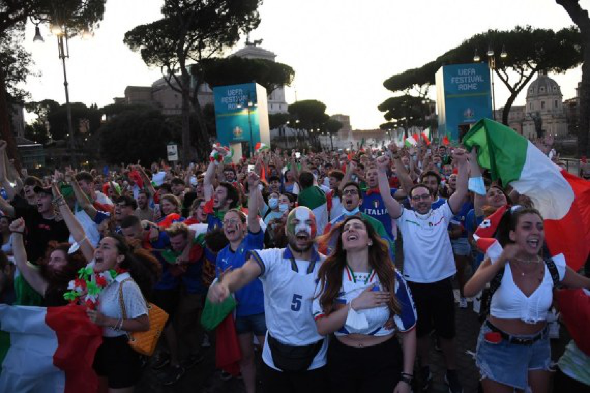 Fans of Italy celebrate after Italy won the UEFA EURO 2020 final football match, in Rome, Italy, on July 12, 2021.