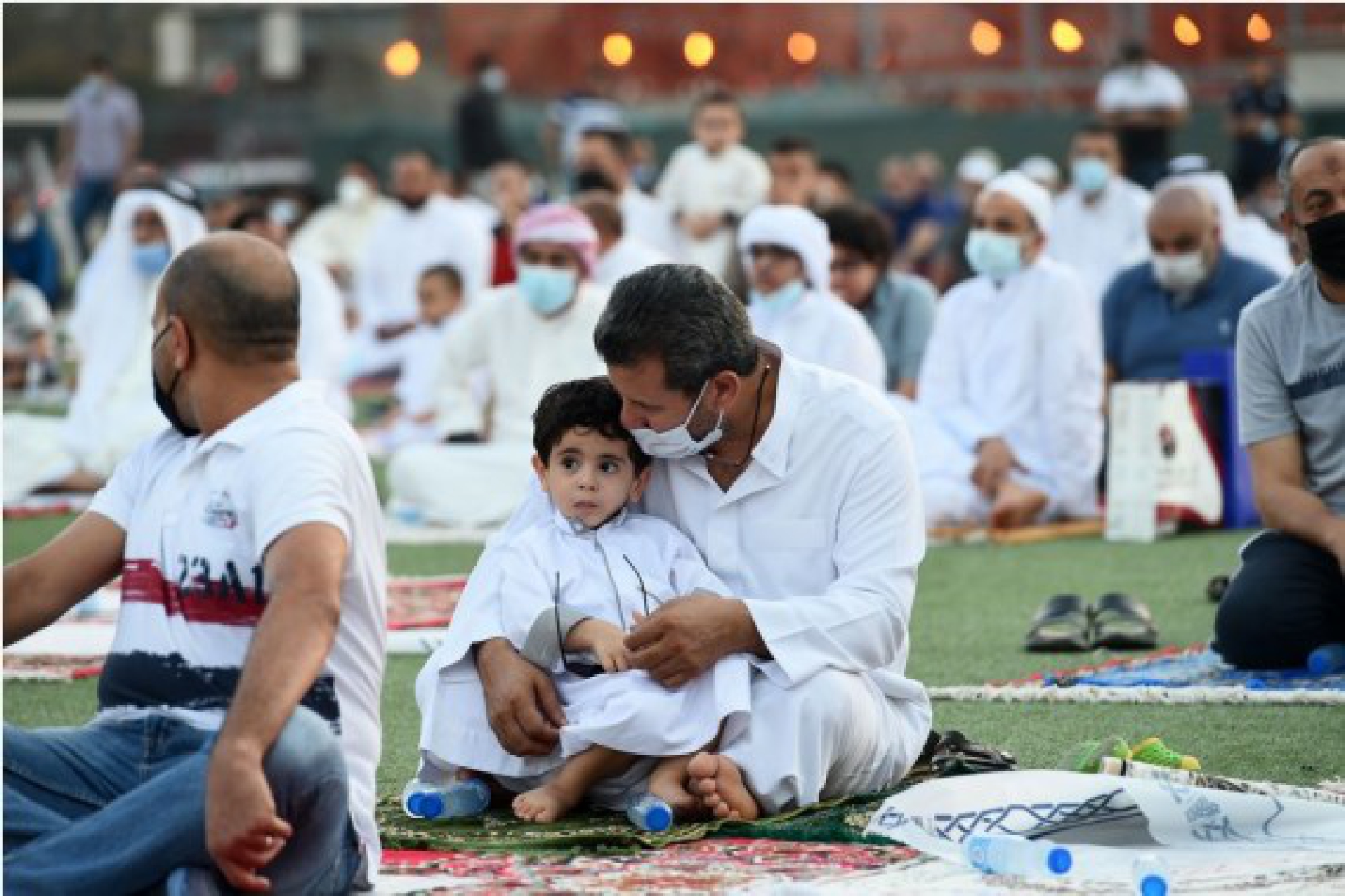 People perform prayers during Eid al-Adha holiday in Hawalli Governorate, Kuwait