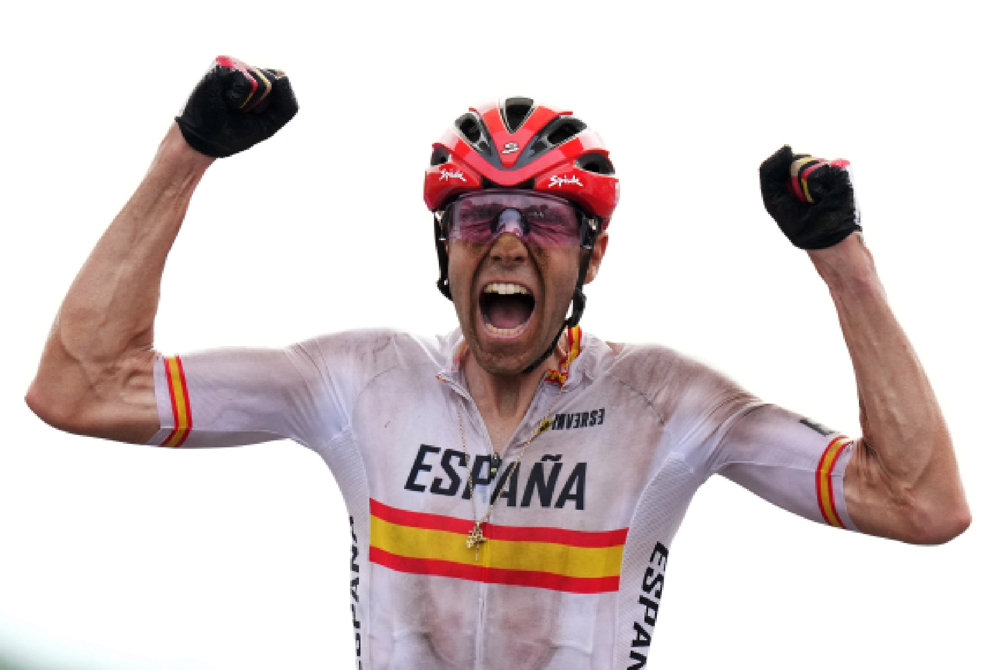 David Valero Serrano of Spain celebrates after crossing the finish line during the men's cycling monutain cross-country race in Shizuoka, Japan, July 26, 2021.
