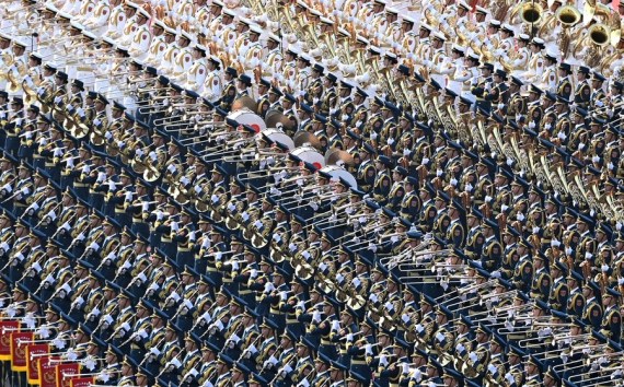 Members of the military band rehearse for a ceremony marking the centenary of the Communist Party of China (CPC) at Tian'anmen Square in Beijing, capital of China, July 1, 2021.