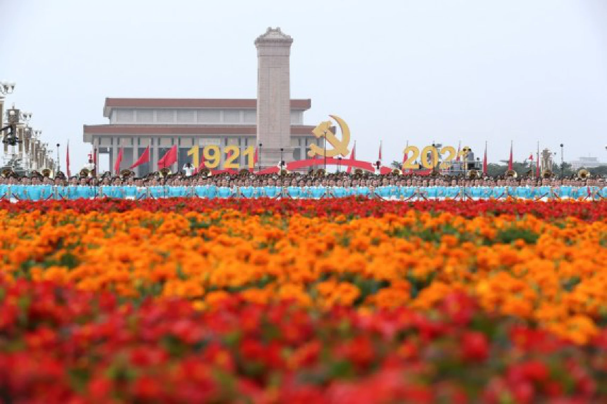 Chorus members perform ahead of a grand gathering celebrating the Communist Party of China (CPC) centenary at Tian'anmen Square in Beijing, capital of China, July 1, 2021. 