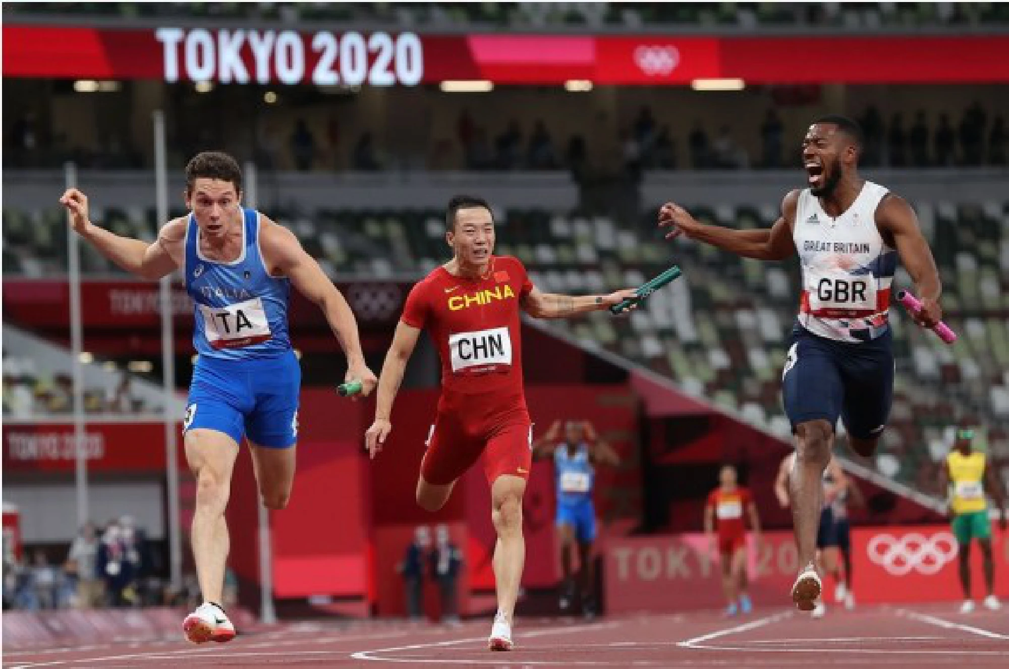 Italy crosses the finishing line first in the men's 4x100m relay final at Tokyo 2020, Aug. 6, 2021.