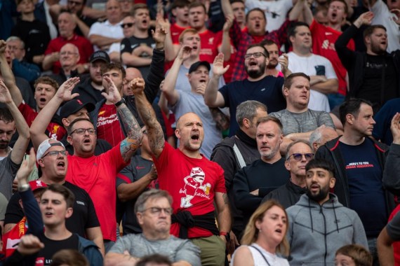 Liverpool's supporters are seen before the 2021-2022 season English Premier League first round match between Norwich City and Liverpool in Norwich, Britain, on Aug. 14, 2021.