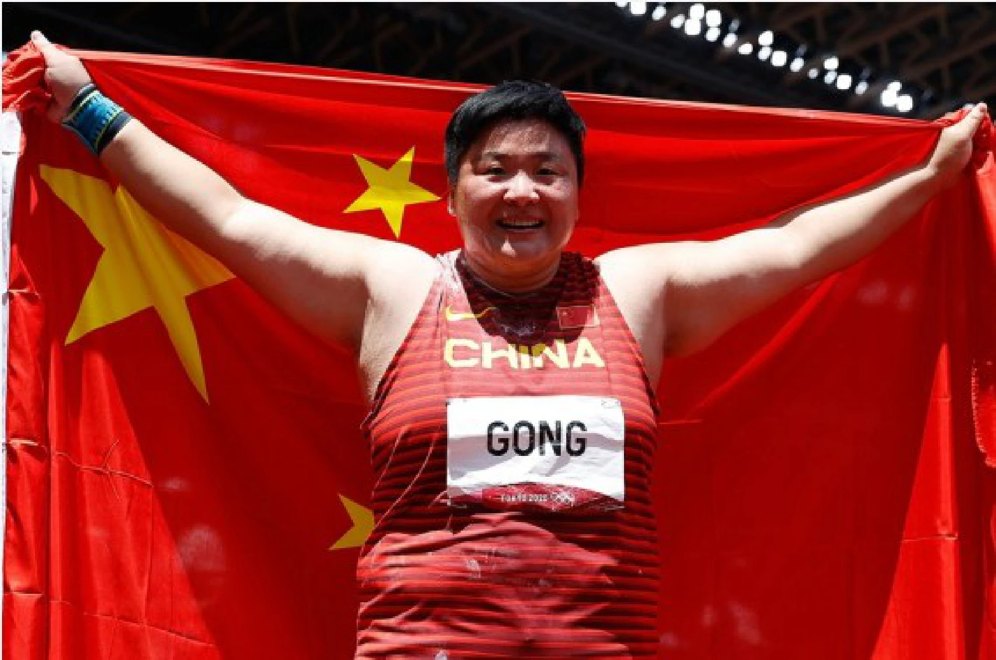 Gong Lijiao of China celebrates after winning the women's shot put at Tokyo 2020 on Aug. 1, 2021. 
