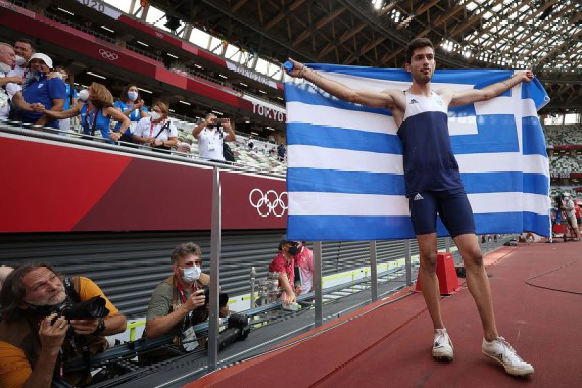 Miltiadis Tentoglou of Greece celebrates after the Men's Long Jump Final at the Tokyo 2020 Olympic Games in Tokyo, Japan, Aug. 2, 2021.