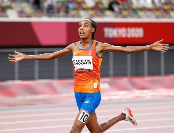 Sifan Hassan of the Netherlands reacts after the Women's 5000m Final at the Tokyo 2020 Olympic Games in Tokyo, Japan, Aug. 2, 2021. 